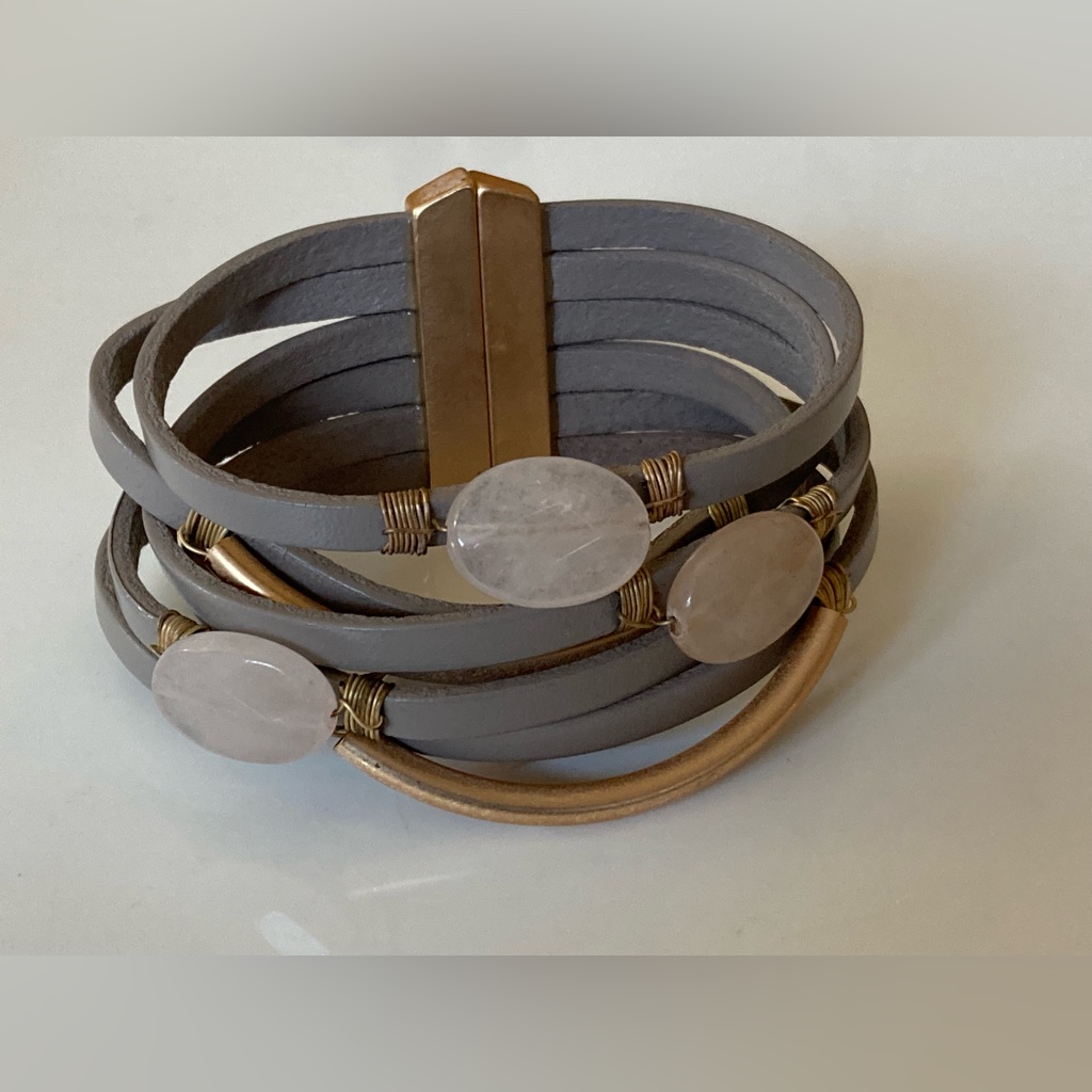 Saachi Quartz And Copper Tone Tubular Bead Multi Strand Taupe Leather Bracelet
